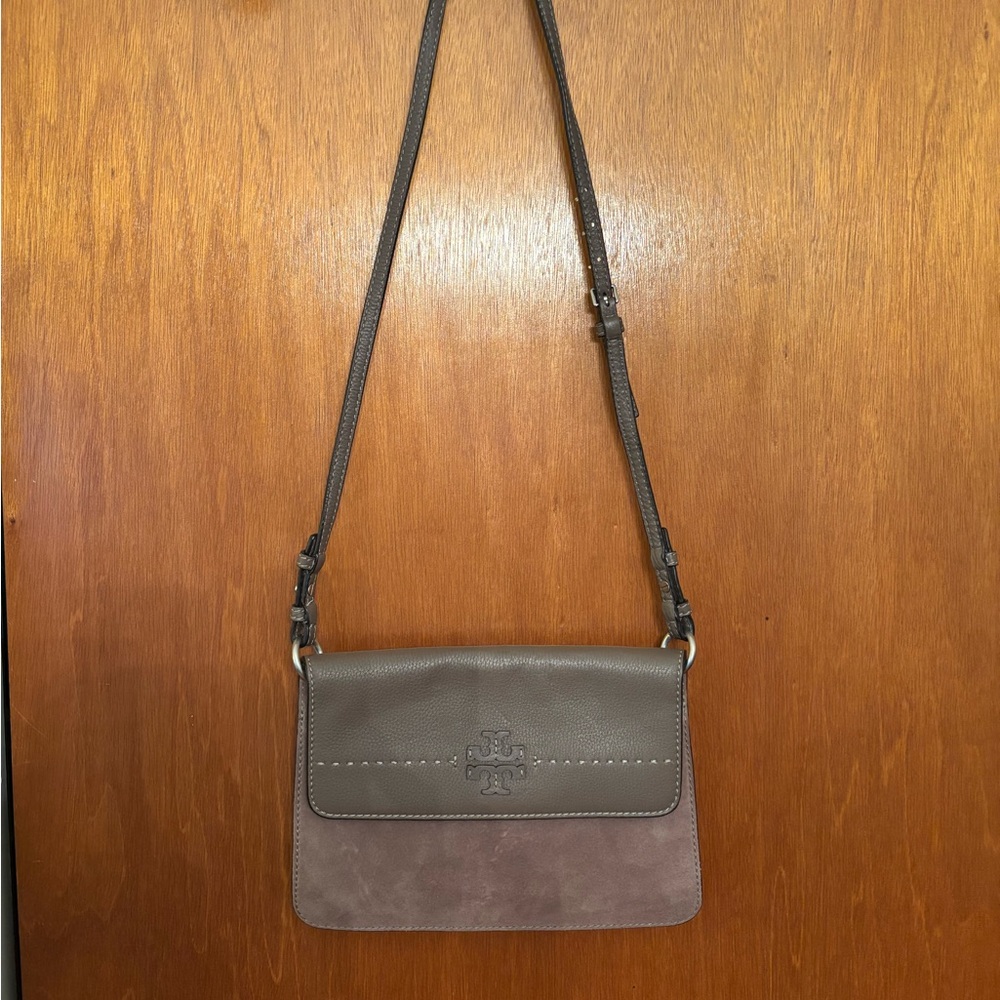 Tory Burch McGraw mixed suede and leather bag with 2 straps in silver maple